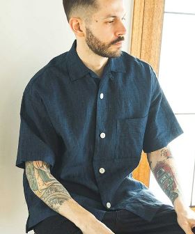  CLASSIC PATTERN INDIGO LINEN - OPEN COLLAR SHIRT オープンカラーシャツ(M241134) | CAMBIO カンビオ(半袖・5分)