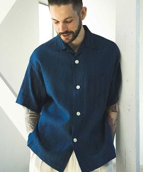  CLASSIC PATTERN INDIGO LINEN - OPEN COLLAR SHIRT オープンカラーシャツ(M241134) | CAMBIO カンビオ(半袖・5分)