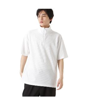ランダムクレープ半袖スキッパーポロシャツ/ポロシャツ メンズ 半袖 スキッパー ストレッチ 細身 スリム